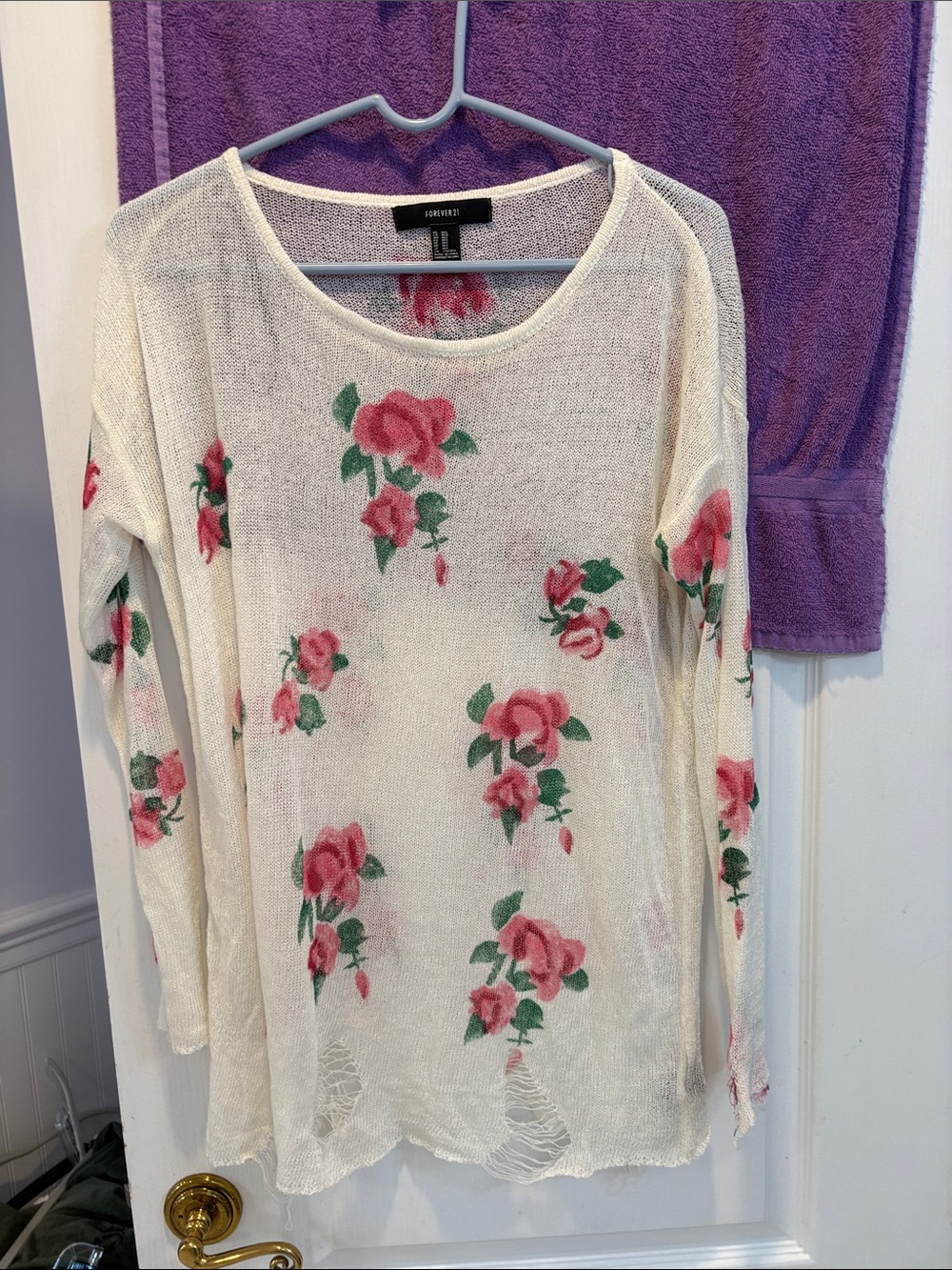 Forever 21 Cream Sweater with Pink Rose Print